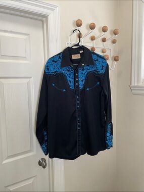 Scully - Classic Pearl Snap Button Down Western Shirt Black Blue L